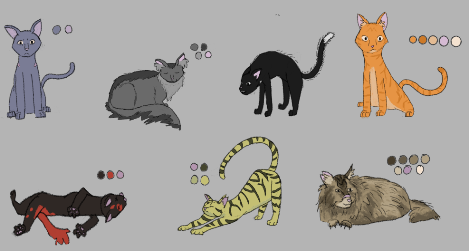 A series of sketches of various cats